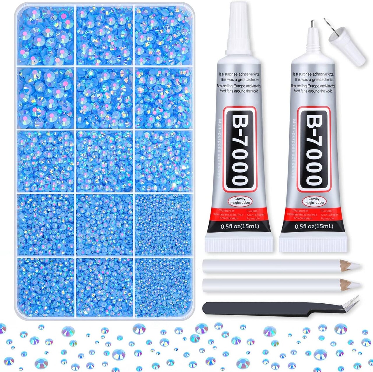 14000Pcs Flatback Light Blue Rhinestones with B7000 Adhesive Glue for Crafts, AB Color Jelly Rhinestones Resin Gems with Tweezer & Picker Pens for Shoes, Tumblers, Clothes Decoration